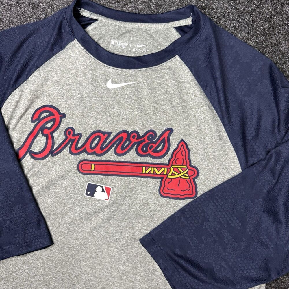 Nike Dri Fit Atlanta Braves Performance Shirt Mens Large 3/4 Pattern Sleeve Gray